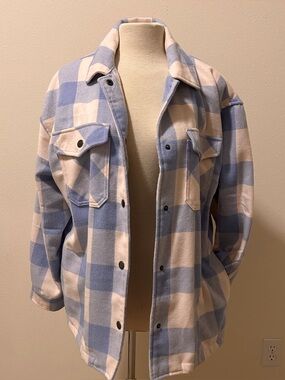 Blue and Cream Buffalo Check Button-Up Shacket